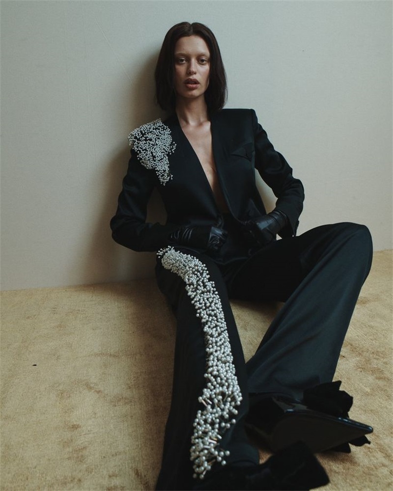Women Formal Wear With Black Blazer - Pearls Women Suit Set 2 Piece