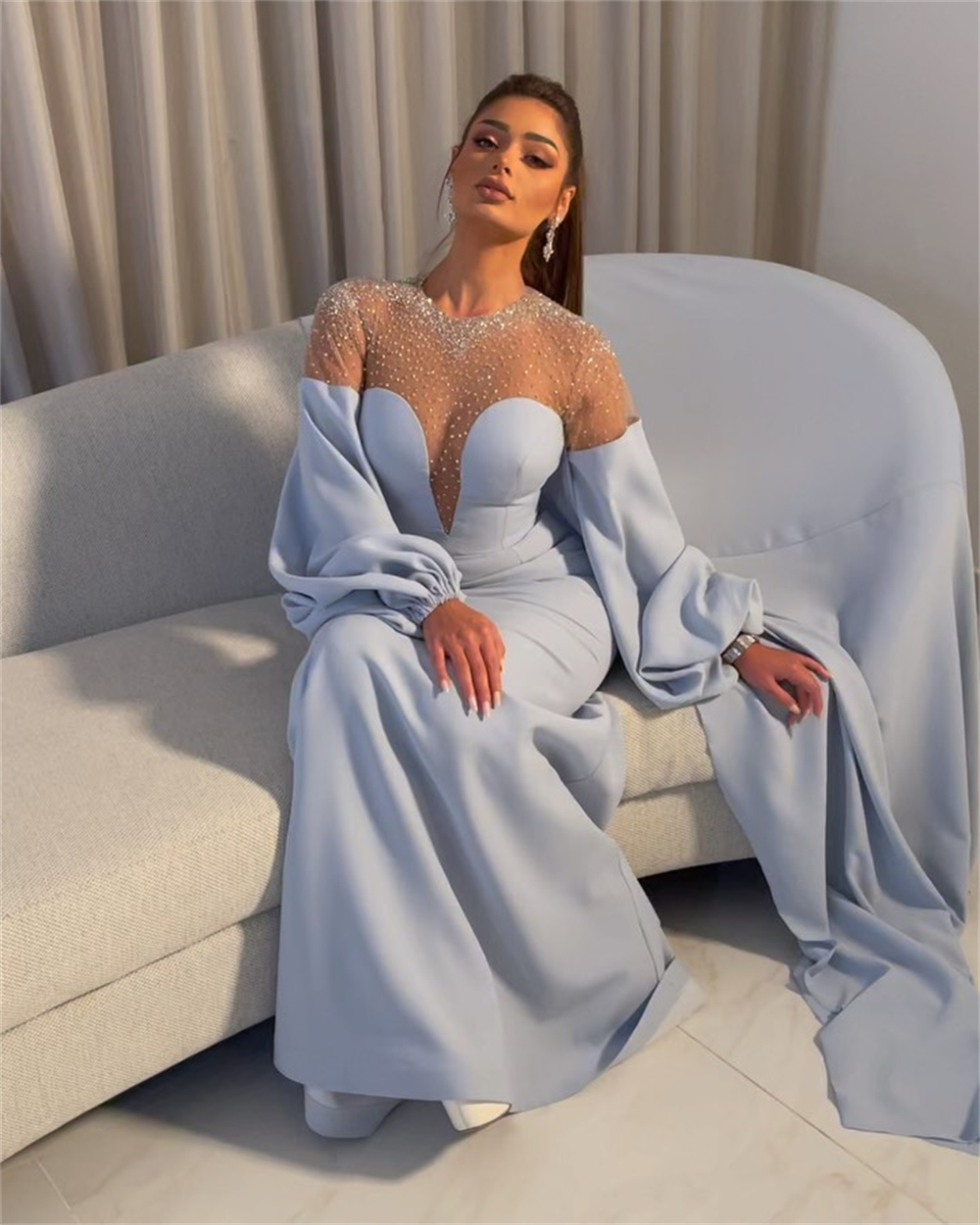 Santorini Sheer Neck Beaded Pr - Women Formal Wear Dubai ulasan dan harga