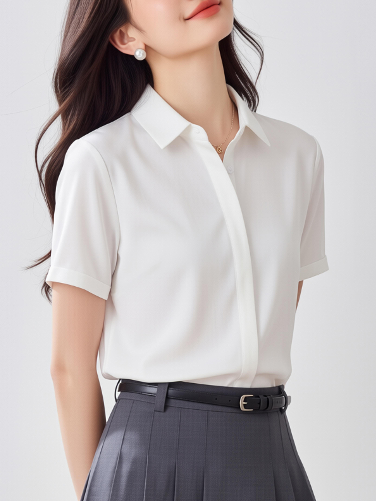 White V-Neck Short Sleeve Chif - Women Formal Wear White Shirt ulasan dan harga