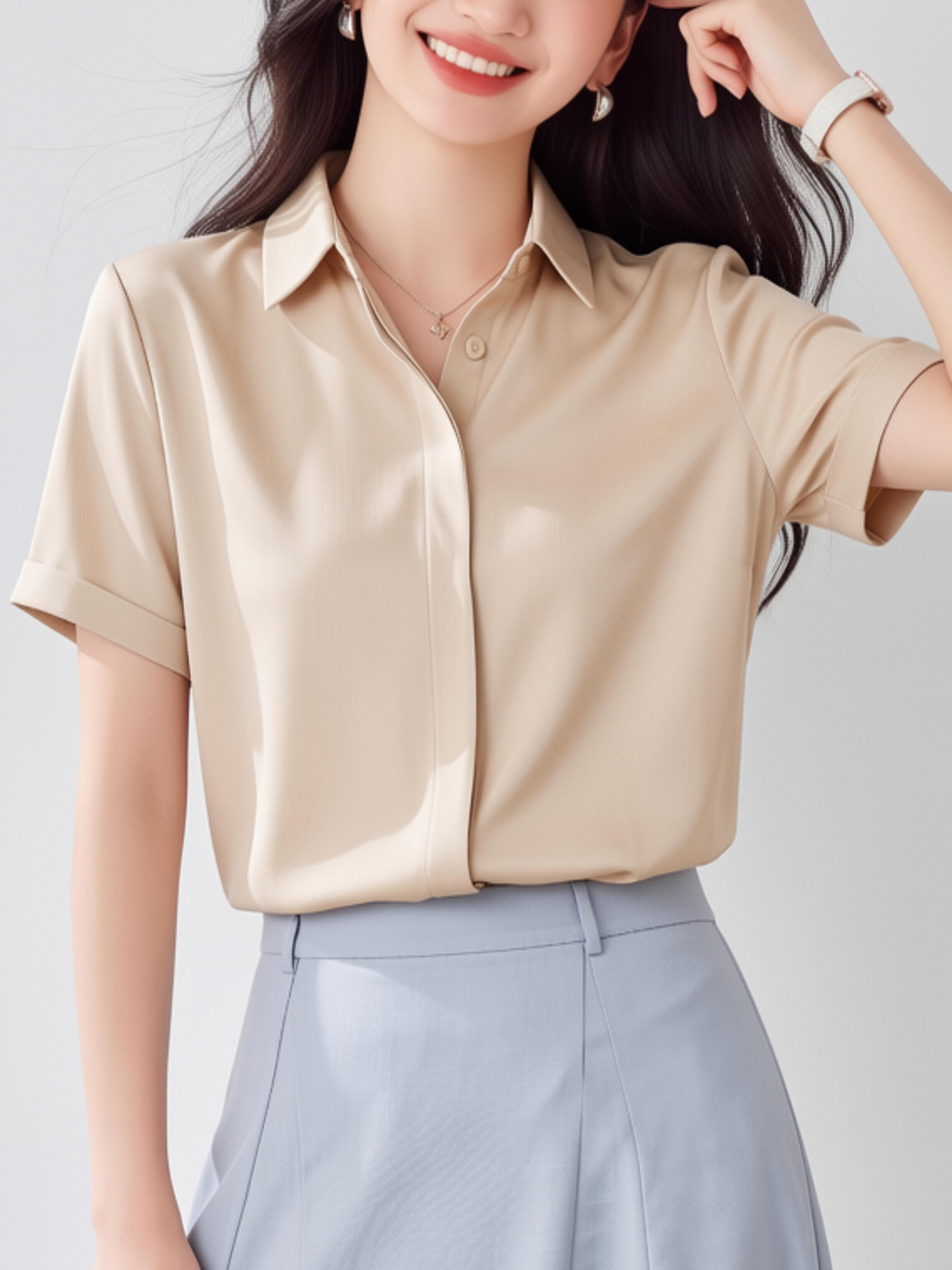 White V-Neck Short Sleeve Chif - Women Formal Wear White Shirt ulasan dan harga