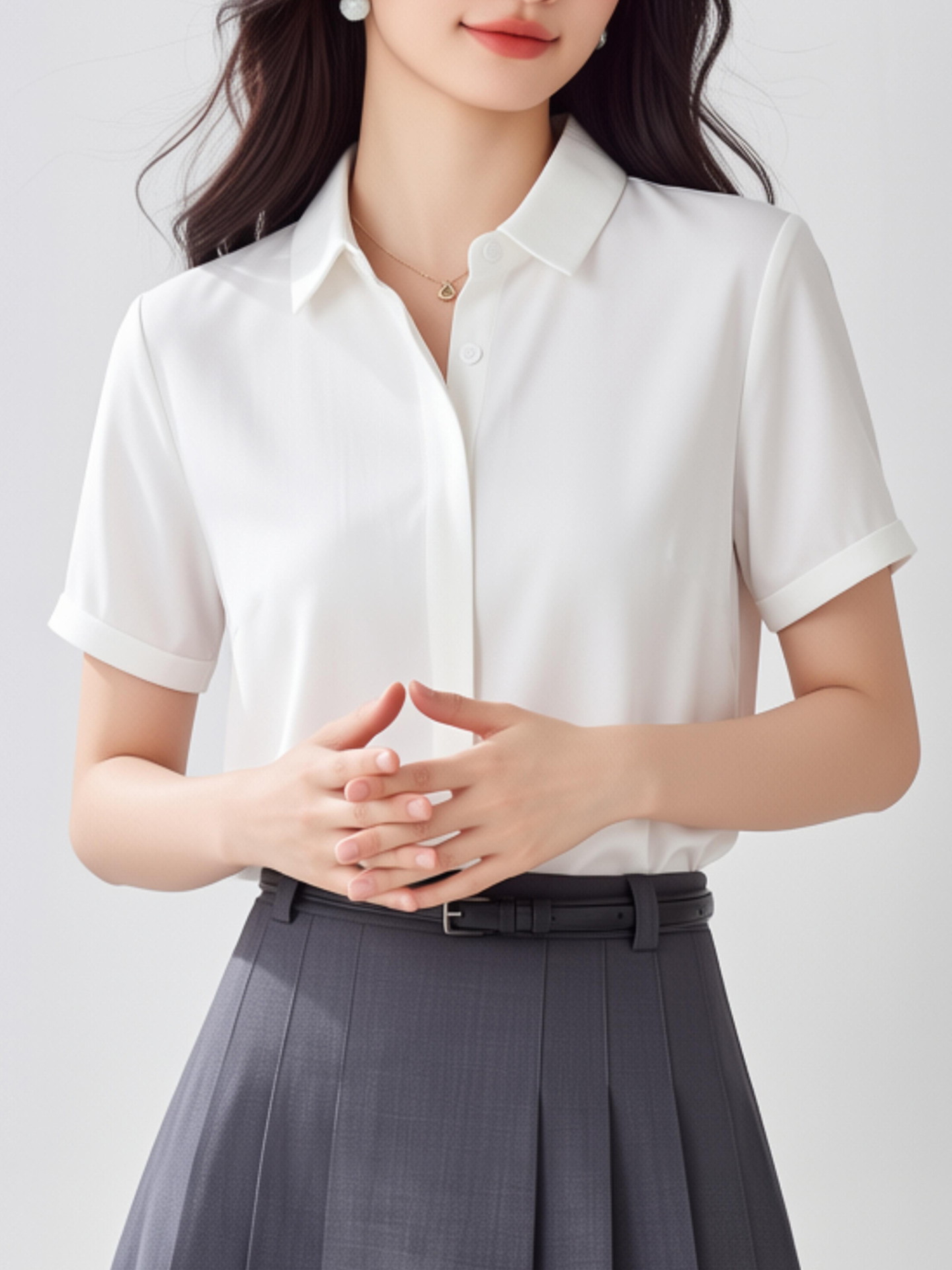 White V-Neck Short Sleeve Chif - Women Formal Wear White Shirt ulasan dan harga